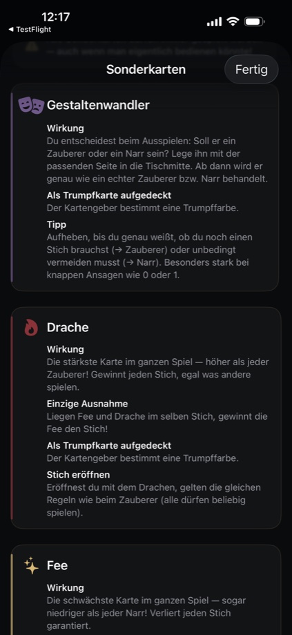 Sonderkarten-Regeln in Wizard Scorer