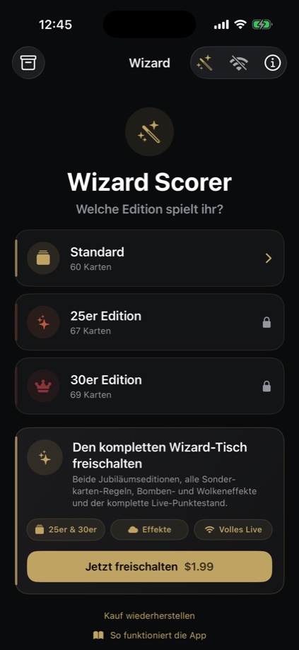 Wizard Scorer Editionsauswahl und Freischaltung