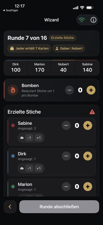Wizard Scorer Sticheingabe mit Bombe